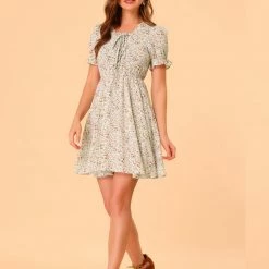 Allegra K Women's Front Drawstring Long Ruffle Bubble Sleeve Square Neck Floral Mini Dress