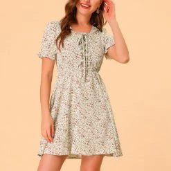 Allegra K Women's Front Drawstring Long Ruffle Bubble Sleeve Square Neck Floral Mini Dress