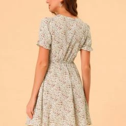 Allegra K Women's Front Drawstring Long Ruffle Bubble Sleeve Square Neck Floral Mini Dress