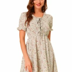 Allegra K Women's Front Drawstring Long Ruffle Bubble Sleeve Square Neck Floral Mini Dress