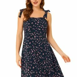 Allegra K Women's Sundress Spaghetti Strap Floral Smocked Dress