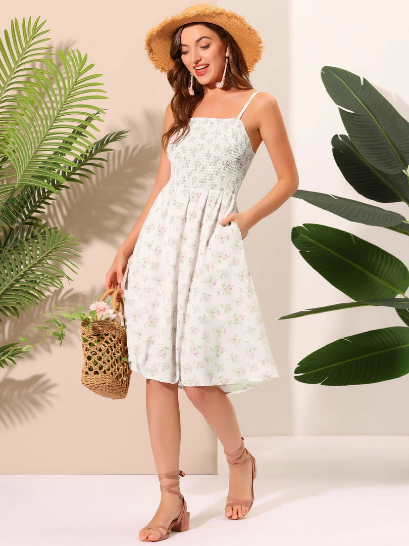 Allegra K Women's Spaghetti Strap Smocked Pockets Floral Dress 5 Allegra K Women's Spaghetti Strap Smocked Pockets Floral Dress
