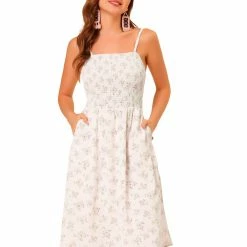 Allegra K Women's Spaghetti Strap Smocked Pockets Floral Dress