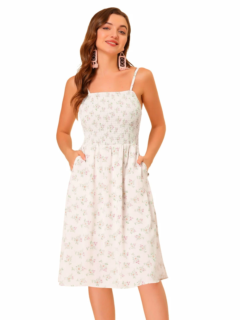 Allegra K Women's Spaghetti Strap Smocked Pockets Floral Dress 4 Allegra K Women's Spaghetti Strap Smocked Pockets Floral Dress