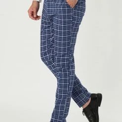 Allegra K Men's Business Pants Checked Printed Slim Fit Flat Front Plaid Dress Trousers