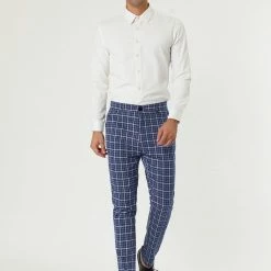 Allegra K Men's Business Pants Checked Printed Slim Fit Flat Front Plaid Dress Trousers