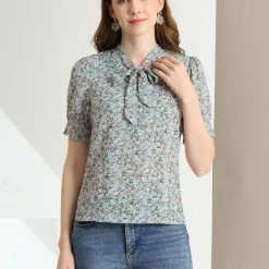 Allegra K Women's Tie V Neck Turn Down Collar Lace Trim Puff Sleeve Floral Blouse Top