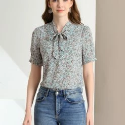 Allegra K Women's Tie V Neck Turn Down Collar Lace Trim Puff Sleeve Floral Blouse Top