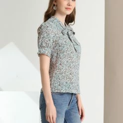 Allegra K Women's Tie V Neck Turn Down Collar Lace Trim Puff Sleeve Floral Blouse Top