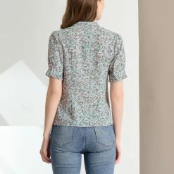 Allegra K Women's Tie V Neck Turn Down Collar Lace Trim Puff Sleeve Floral Blouse Top