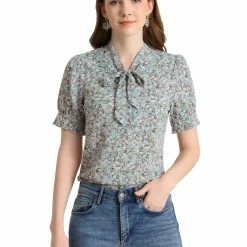 Allegra K Women's Tie V Neck Turn Down Collar Lace Trim Puff Sleeve Floral Blouse Top