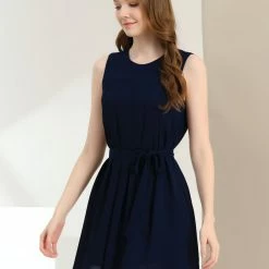 Allegra K Women's Sleeveless Dress Crewneck Pleated Front Belted Chiffon Dress