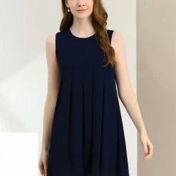 Allegra K Women's Sleeveless Dress Crewneck Pleated Front Belted Chiffon Dress