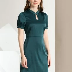 Allegra K Women's Elegant Work Short Sleeve Satin Dress With Belt