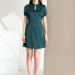Allegra K Women's Elegant Work Short Sleeve Satin Dress With Belt