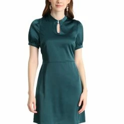 Allegra K Women's Elegant Work Short Sleeve Satin Dress With Belt