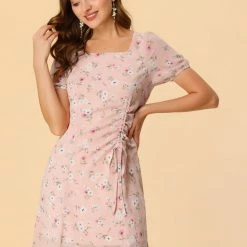 Allegra K Women's Floral Square Neck Short Sleeve Drawstring Ruched Dress