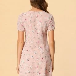 Allegra K Women's Floral Square Neck Short Sleeve Drawstring Ruched Dress