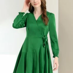 Allegra K Women's Puff Sleeve Tie Waist Ruffle Hem Satin Wrap Mini Dress