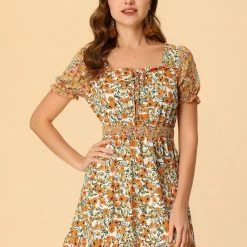 Allegra K Women's Mini Dress Square Neck Ruffle Floral Boho Puff Short Sleeve Summer Dresses
