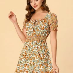 Allegra K Women's Mini Dress Square Neck Ruffle Floral Boho Puff Short Sleeve Summer Dresses