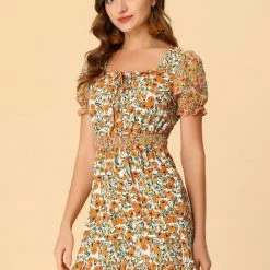 Allegra K Women's Mini Dress Square Neck Ruffle Floral Boho Puff Short Sleeve Summer Dresses