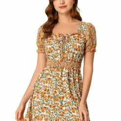 Allegra K Women's Mini Dress Square Neck Ruffle Floral Boho Puff Short Sleeve Summer Dresses