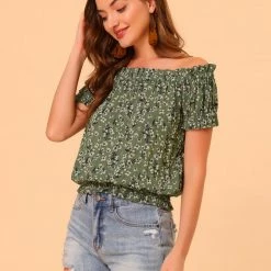 Allegra K Women's Off Shoulder Cotton Puff Sleeve Elastic Waist Floral Cami Blouse Top