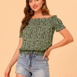 Allegra K Women's Off Shoulder Cotton Puff Sleeve Elastic Waist Floral Cami Blouse Top