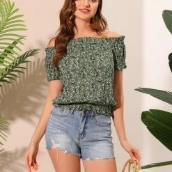 Allegra K Women's Off Shoulder Cotton Puff Sleeve Elastic Waist Floral Cami Blouse Top