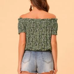Allegra K Women's Off Shoulder Cotton Puff Sleeve Elastic Waist Floral Cami Blouse Top