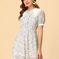 Allegra K Women's Doll Collar Lace Decor Button Up Floral Dress
