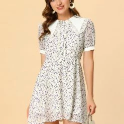 Allegra K Women's Doll Collar Lace Decor Button Up Floral Dress