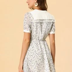 Allegra K Women's Doll Collar Lace Decor Button Up Floral Dress