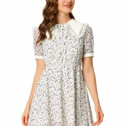 Allegra K Women's Doll Collar Lace Decor Button Up Floral Dress