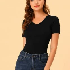 Allegra K Women's Basic Top V Neck Short Sleeves Fitted Casual Soft T-Shirt