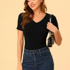 Allegra K Women's Basic Top V Neck Short Sleeves Fitted Casual Soft T-Shirt