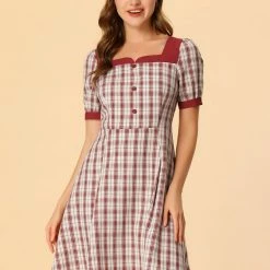 Allegra K Women's Plaid Dress Square Neck Tie Back Contrast Short Sleeve A-line Dress 11 Allegra K Women's Plaid Dress Square Neck Tie Back Contrast Short Sleeve A-line Dress