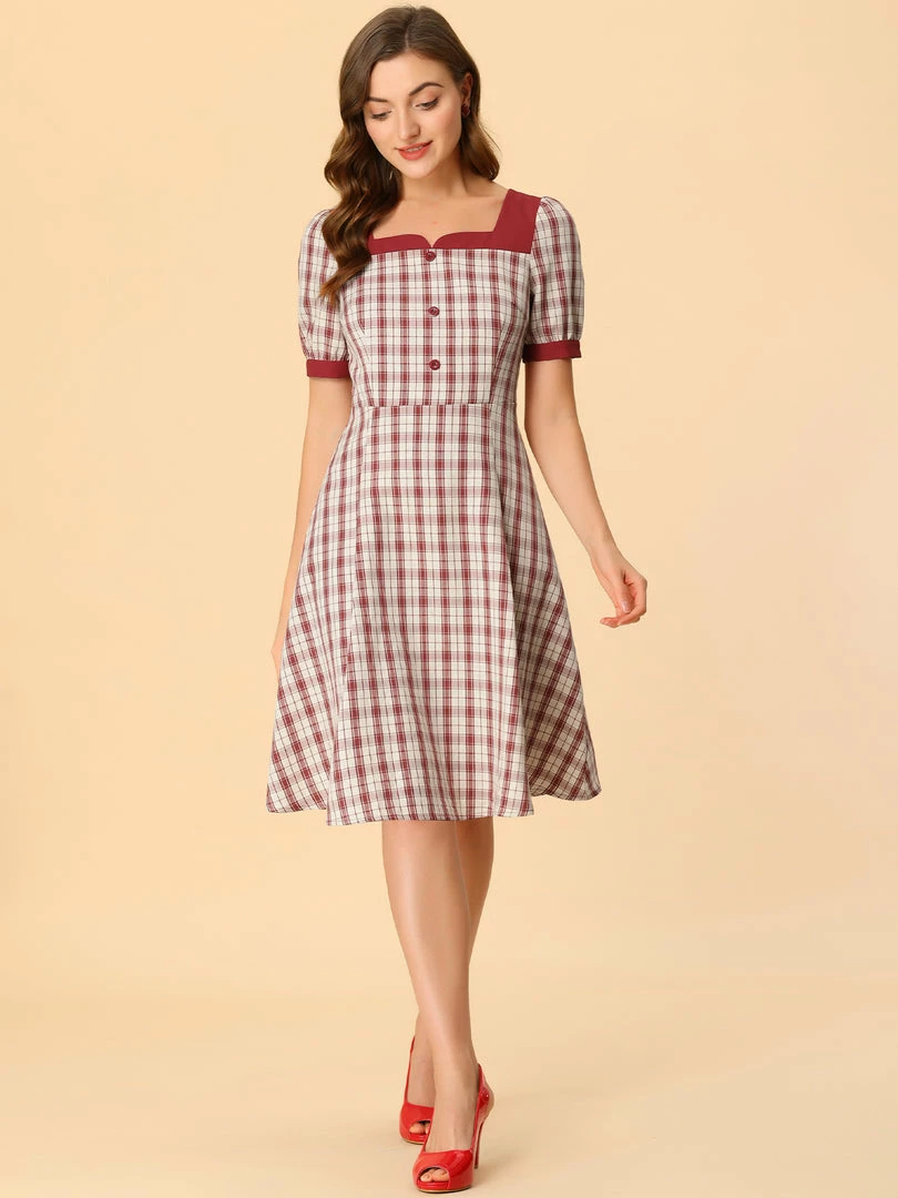 Allegra K Women's Plaid Dress Square Neck Tie Back Contrast Short Sleeve A-line Dress 6 Allegra K Women's Plaid Dress Square Neck Tie Back Contrast Short Sleeve A-line Dress
