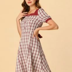 Allegra K Women's Plaid Dress Square Neck Tie Back Contrast Short Sleeve A-line Dress 13 Allegra K Women's Plaid Dress Square Neck Tie Back Contrast Short Sleeve A-line Dress