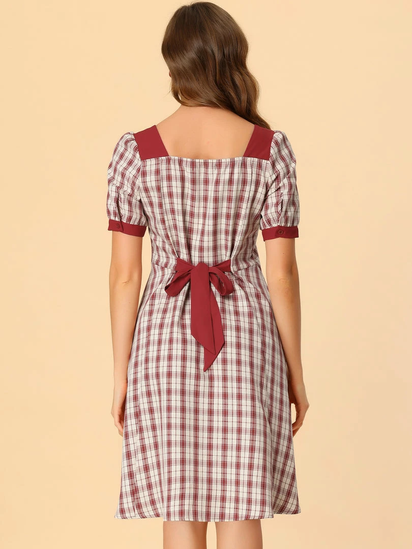 Allegra K Women's Plaid Dress Square Neck Tie Back Contrast Short Sleeve A-line Dress 8 Allegra K Women's Plaid Dress Square Neck Tie Back Contrast Short Sleeve A-line Dress