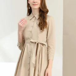 Allegra K Women's Point Neck Button Up Long Sleeve Belted Shirt Dress 11 Allegra K Women's Point Neck Button Up Long Sleeve Belted Shirt Dress