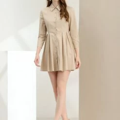 Allegra K Women's Point Neck Button Up Long Sleeve Belted Shirt Dress 12 Allegra K Women's Point Neck Button Up Long Sleeve Belted Shirt Dress