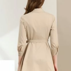 Allegra K Women's Point Neck Button Up Long Sleeve Belted Shirt Dress 14 Allegra K Women's Point Neck Button Up Long Sleeve Belted Shirt Dress