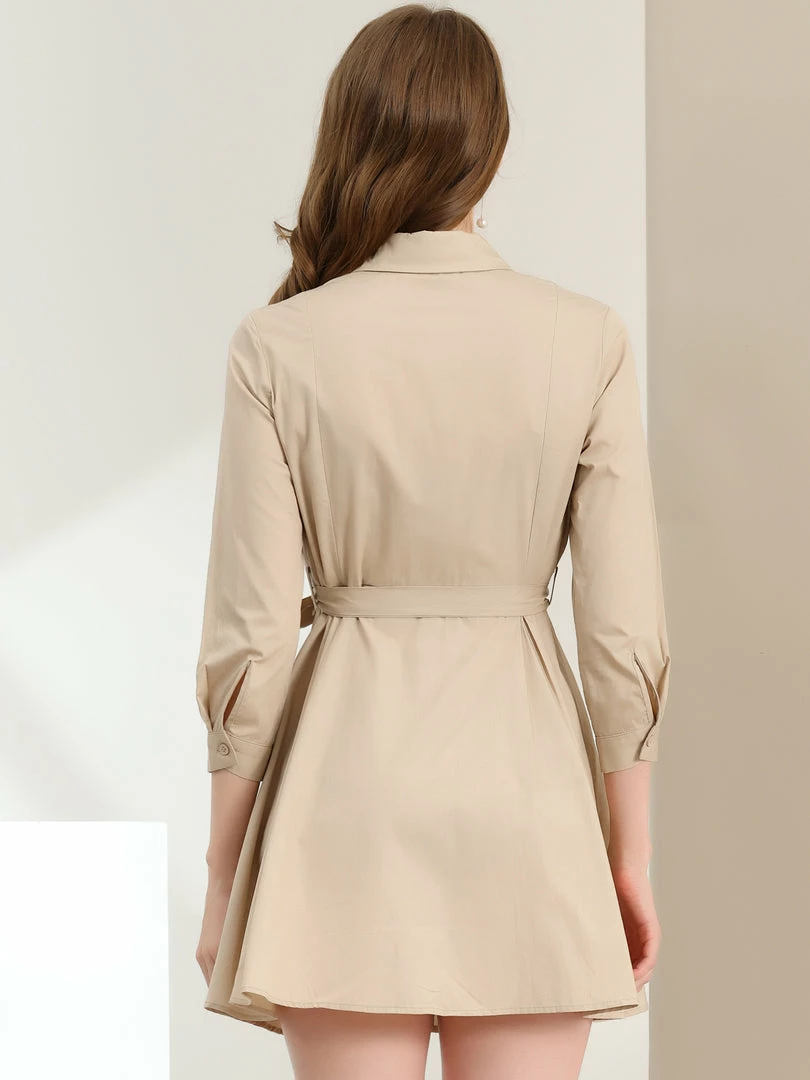 Allegra K Women's Point Neck Button Up Long Sleeve Belted Shirt Dress 8 Allegra K Women's Point Neck Button Up Long Sleeve Belted Shirt Dress