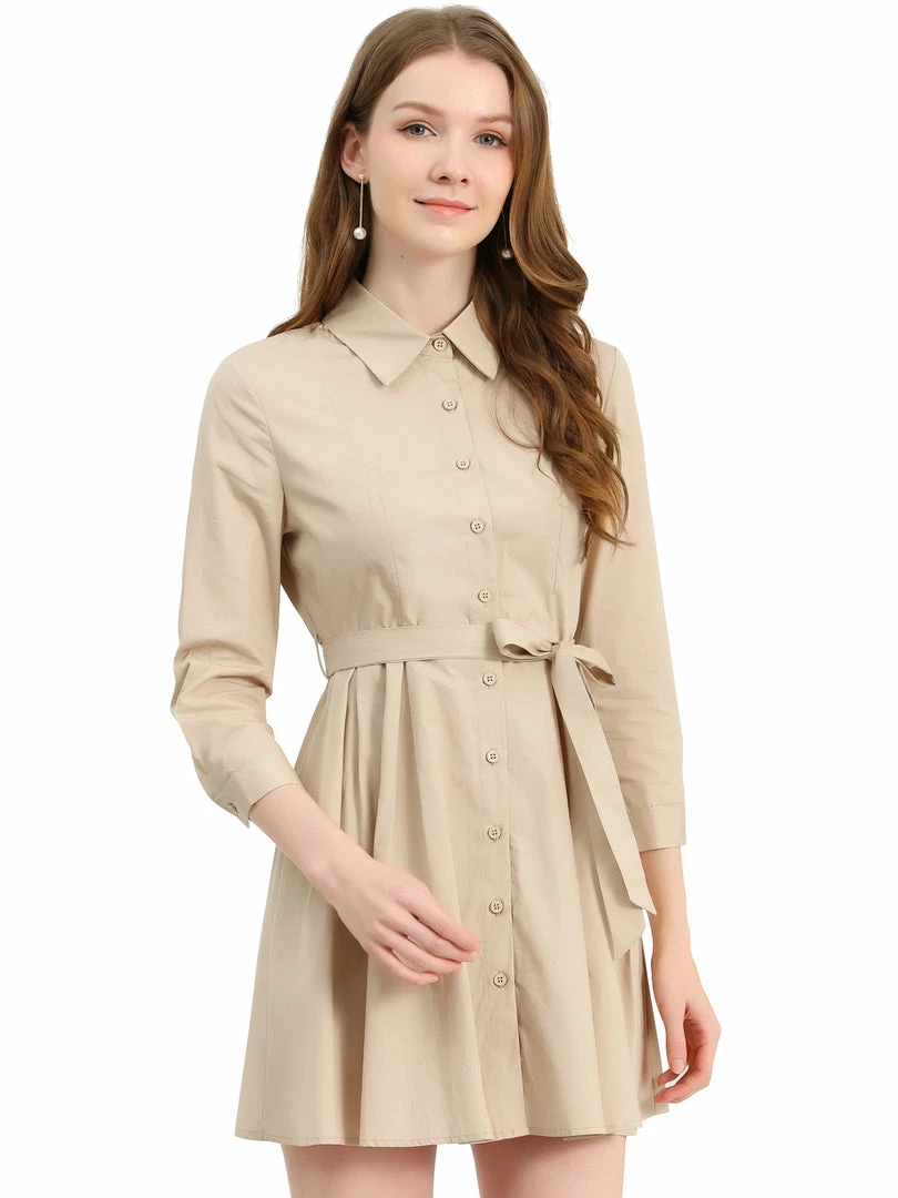 Allegra K Women's Point Neck Button Up Long Sleeve Belted Shirt Dress 4 Allegra K Women's Point Neck Button Up Long Sleeve Belted Shirt Dress