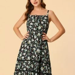 Allegra K Women's Spaghetti Strap Dress Bohemian Ditsy Floral Summer Beach Flowy Sundress