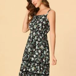 Allegra K Women's Spaghetti Strap Dress Bohemian Ditsy Floral Summer Beach Flowy Sundress