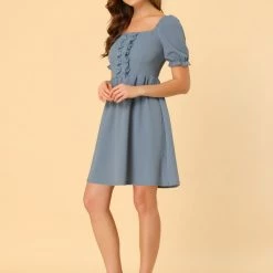 Allegra K Women's Elegant Square Neck Lace Insert Puff Short Sleeve Dress