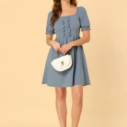 Allegra K Women's Elegant Square Neck Lace Insert Puff Short Sleeve Dress